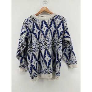 Justin Allen Sweater Mens Large White Blue Aztec Vintage USA Made Crewneck L